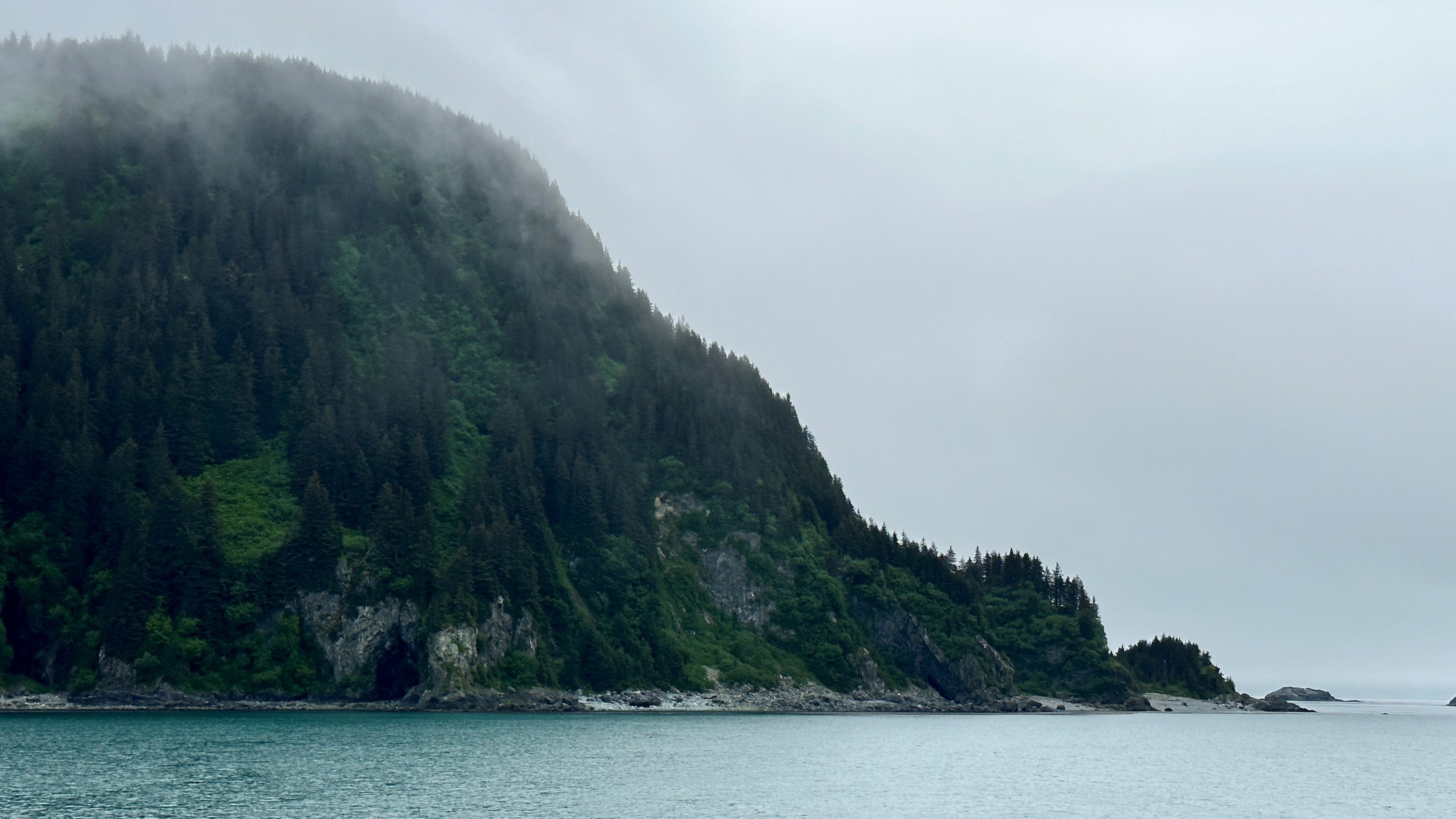Misty coastal landscape in Alaska with a forested mountain slope descending into calm, blue-green water. Low-hanging clouds and fog partially veil the treetops, creating a serene and moody atmosphere.