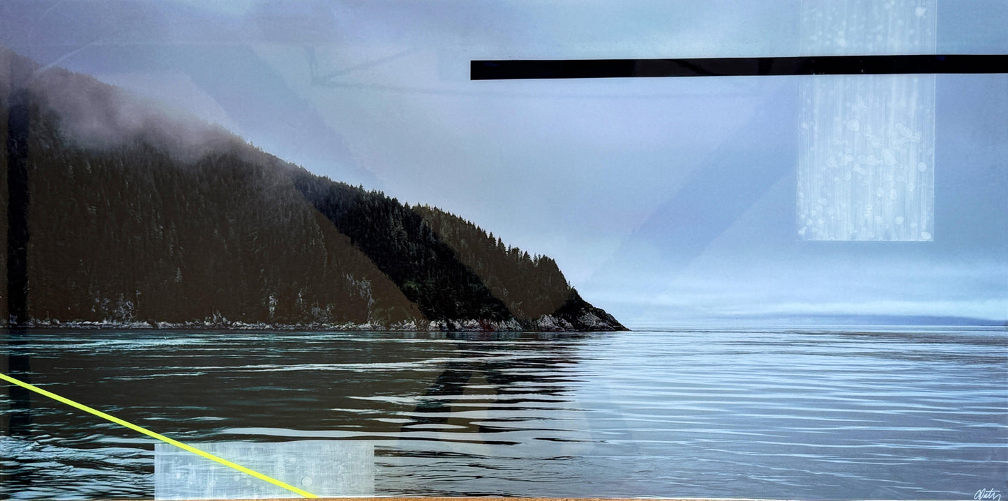 Contemporary mixed media coastal art by Christen Oatley titled 'Alaskan Mist' — a 24x48-inch landscape painting on birchwood panel featuring misty Alaskan scenery, forested shoreline, and calm Pacific waters. Includes photography, acrylic, oil, and resin for a modern, serene finish