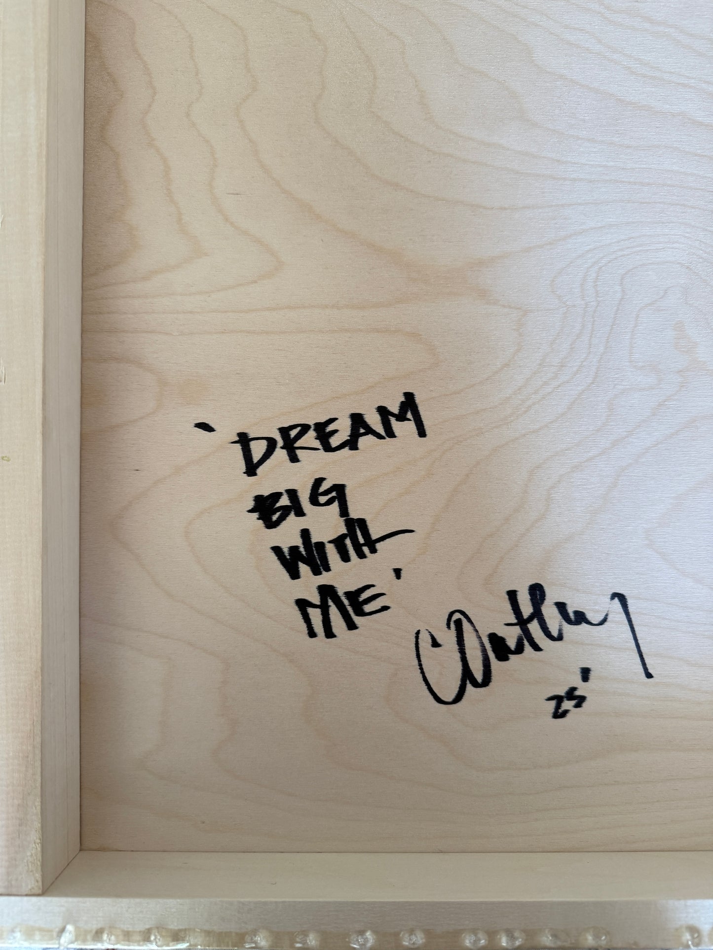 Back of 'Dream Big With Me' original landscape artwork by Christen Oatley, hand-signed and dated 2023 on natural Canadian birchwood panel, confirming the one-of-a-kind mixed media piece with resin finish.
