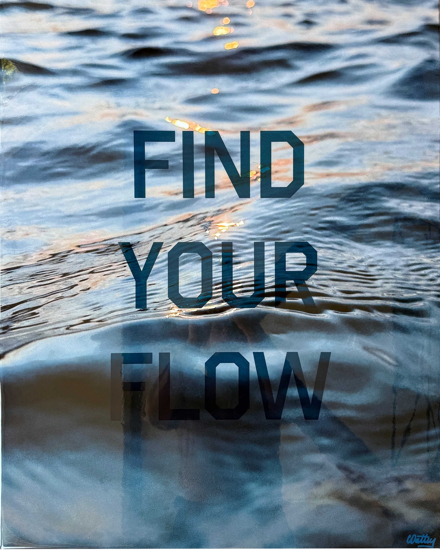 'Find Your Flow – Dusk' original mixed media artwork by Christen Oatley, featuring a Muskoka sunset over Lake Joseph with translucent navy screen-printed text on photography, finished with resin on a 24x30 inch Canadian birchwood panel.
