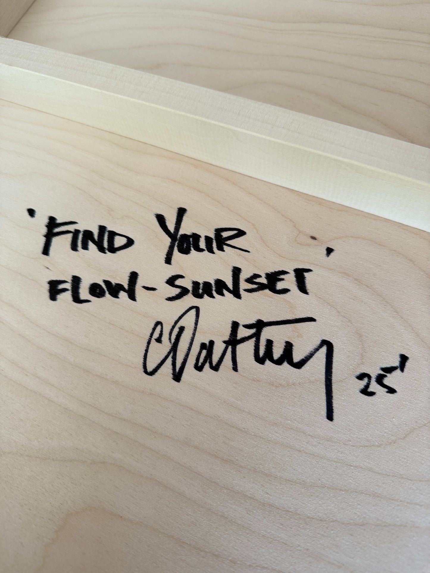 Back of 'Find Your Flow – Sunset' original artwork by Christen Oatley, hand-signed and dated 2023 on Canadian birchwood panel, confirming its one-of-a-kind authenticity.