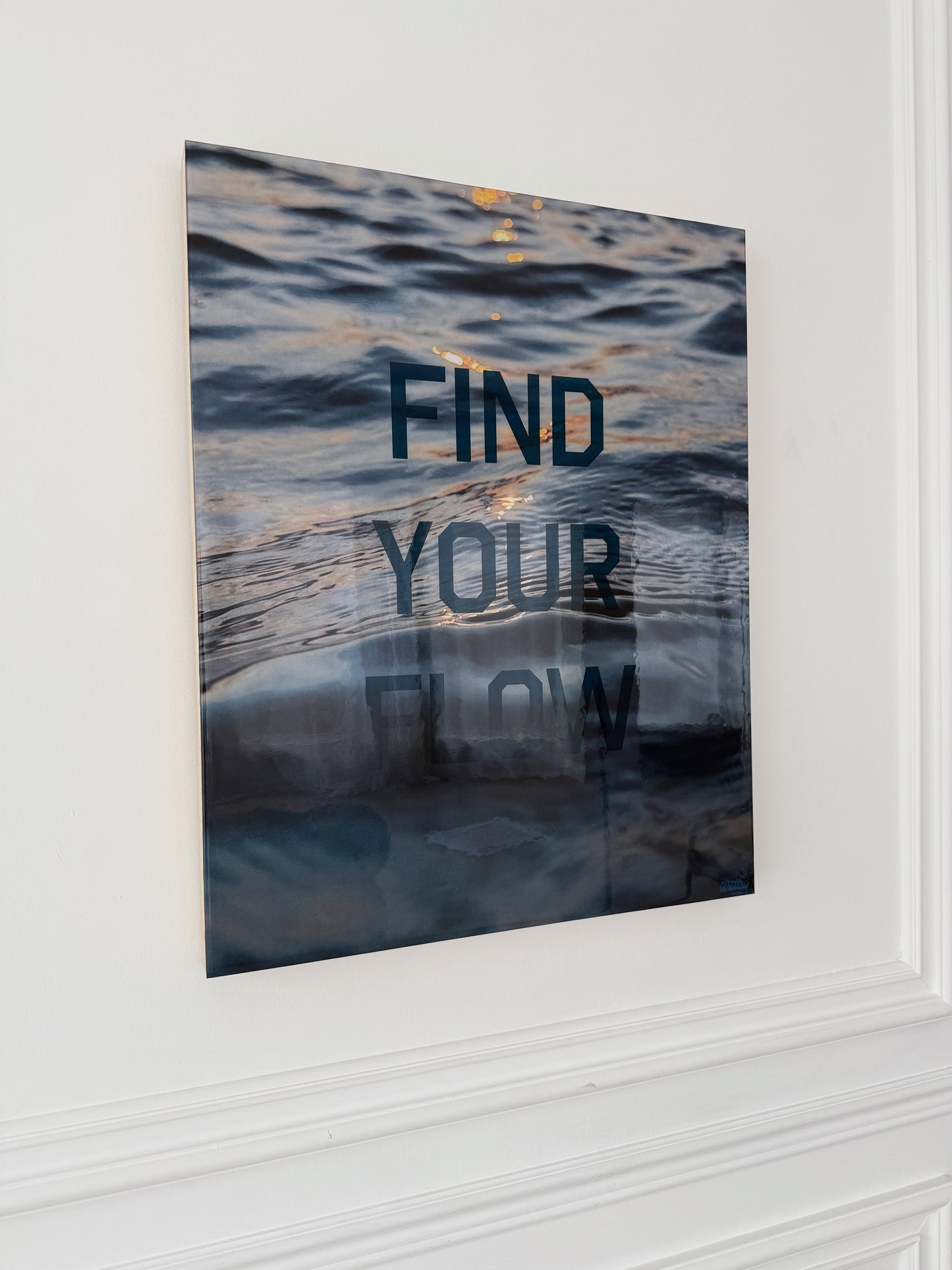 Side View: 'Find Your Flow – Dusk' original mixed media artwork by Christen Oatley, featuring a Muskoka sunset over Lake Joseph with translucent navy screen-printed text on photography, finished with resin on a 24x30 inch Canadian birchwood panel.
