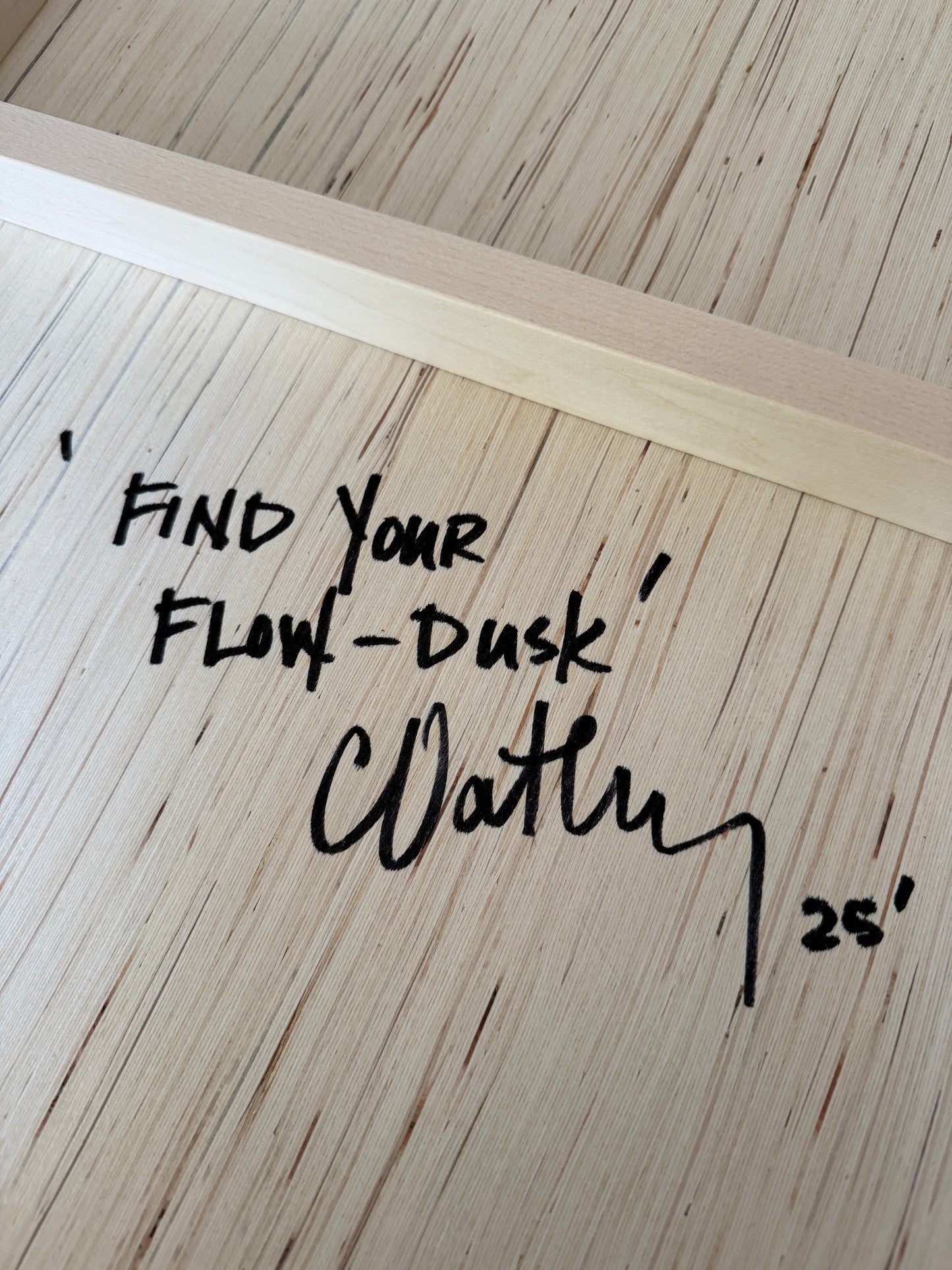 Back of 'Find Your Flow – Dusk' artwork by Christen Oatley, hand-signed and dated 2023 on Canadian birchwood panel, verifying the one-of-a-kind mixed media piece featuring Muskoka sunset photography and resin finish.