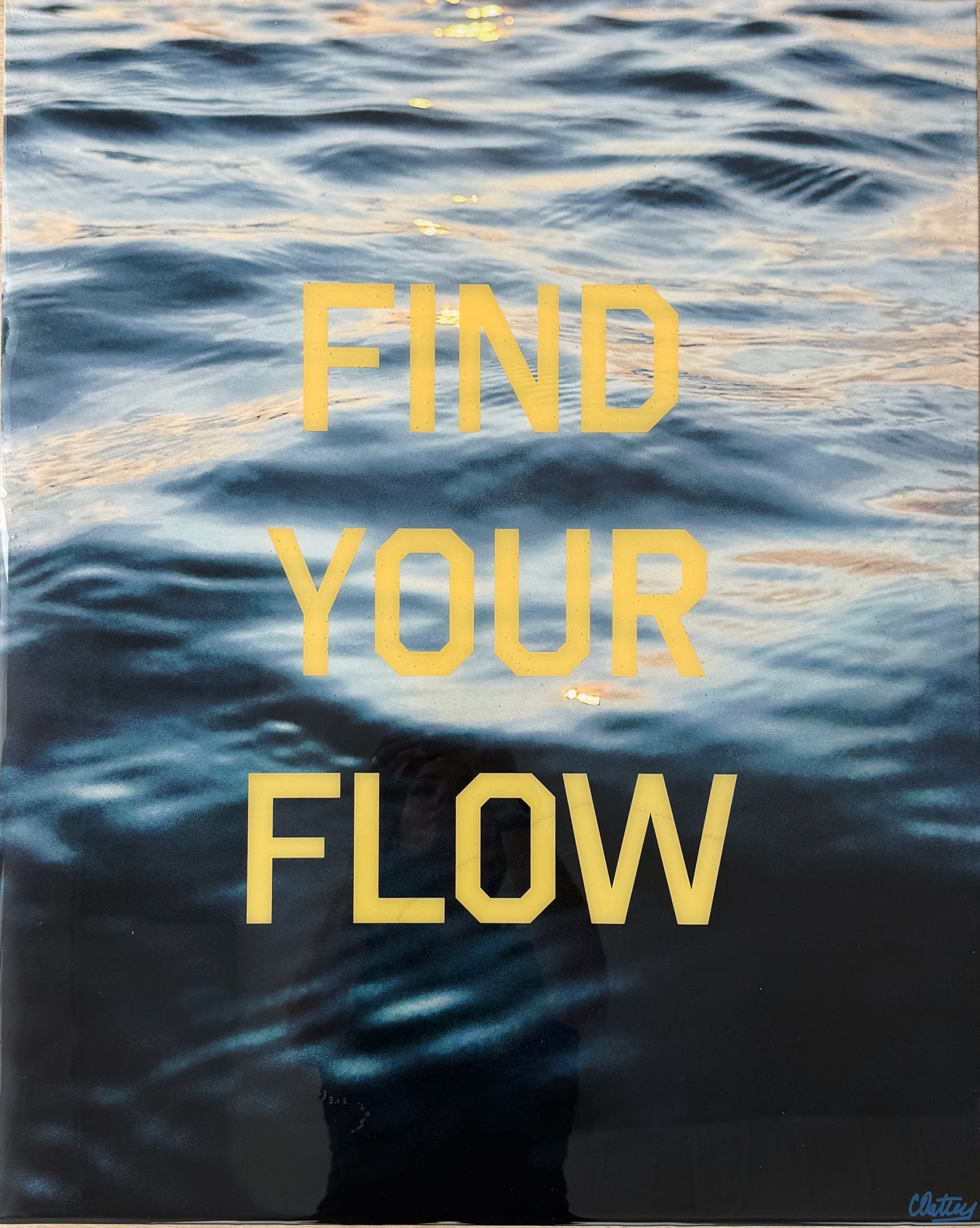 Find Your Flow – Sunset' original mixed media artwork by Christen Oatley, featuring moody Lake Joseph sunset photography with bold yellow screen-printed text, created on a 24x30 inch birchwood panel with a glossy resin finish.