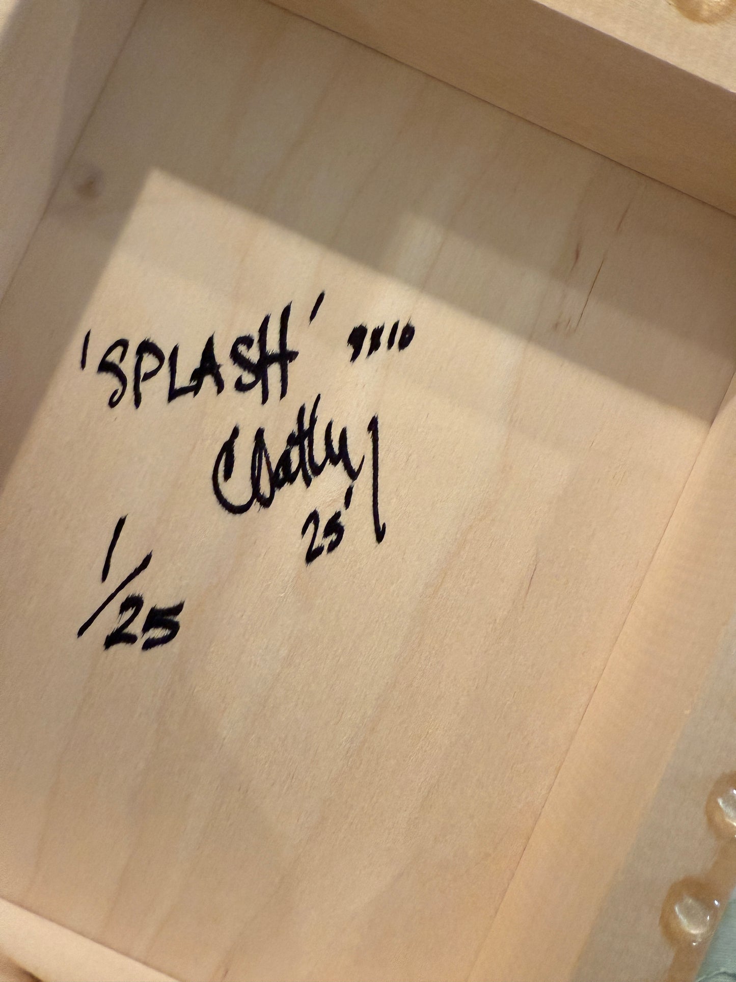 Back of limited edition mixed media artwork 'Splash' by Canadian artist Christen Oatley, signed and numbered 1/25 on Canadian birchwood panel, 8x10 inch artwork featuring Muskoka lake sunset, photography with gesso and resin finish.