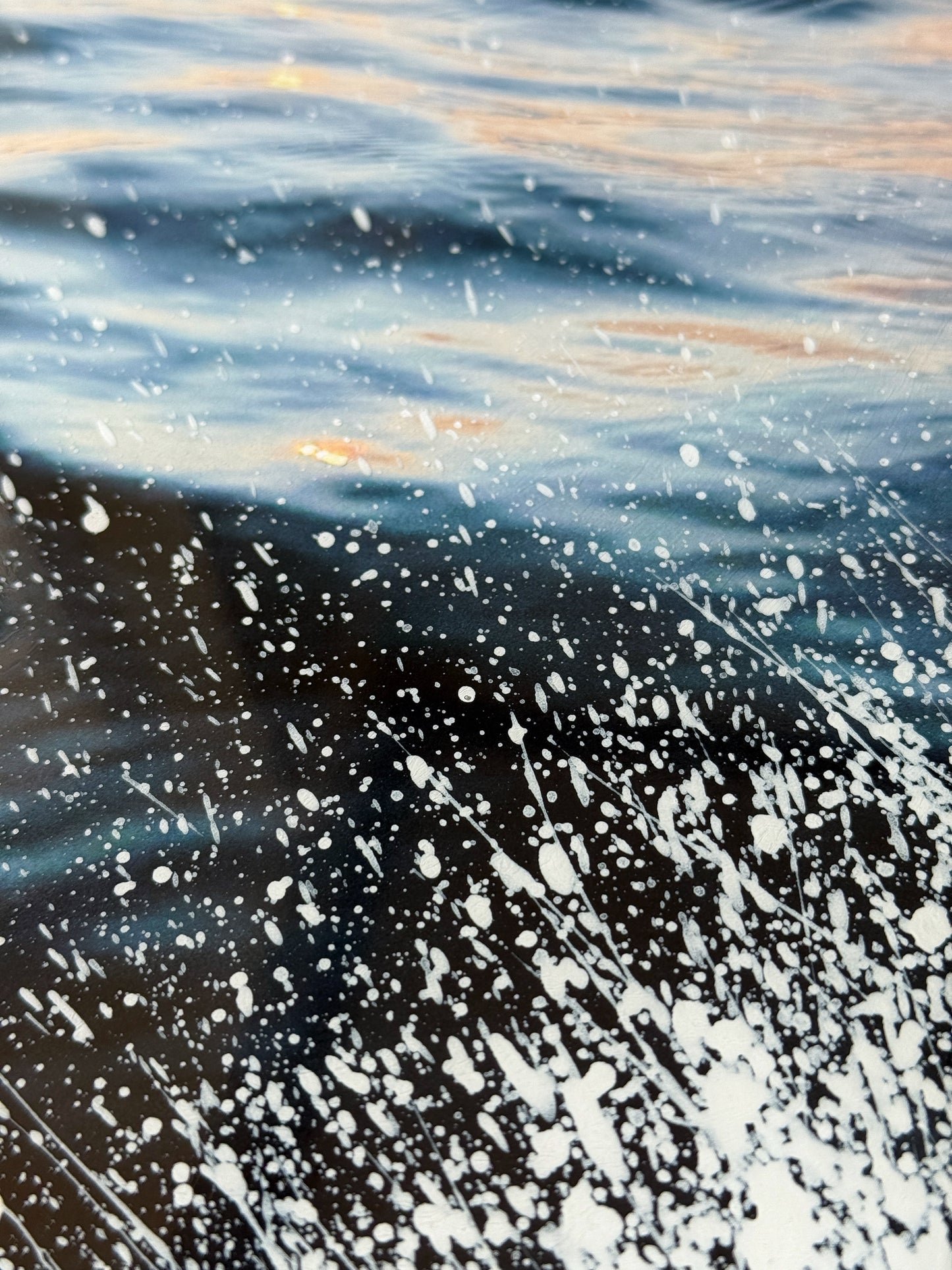 CLOSE UP: Limited edition mixed media artwork titled 'Splash' by Christen Oatley, featuring a Muskoka lake sunset with textured water splashes, photography layered with gesso and resin on Canadian birchwood panel, 8x10 inches, handcrafted and signed.