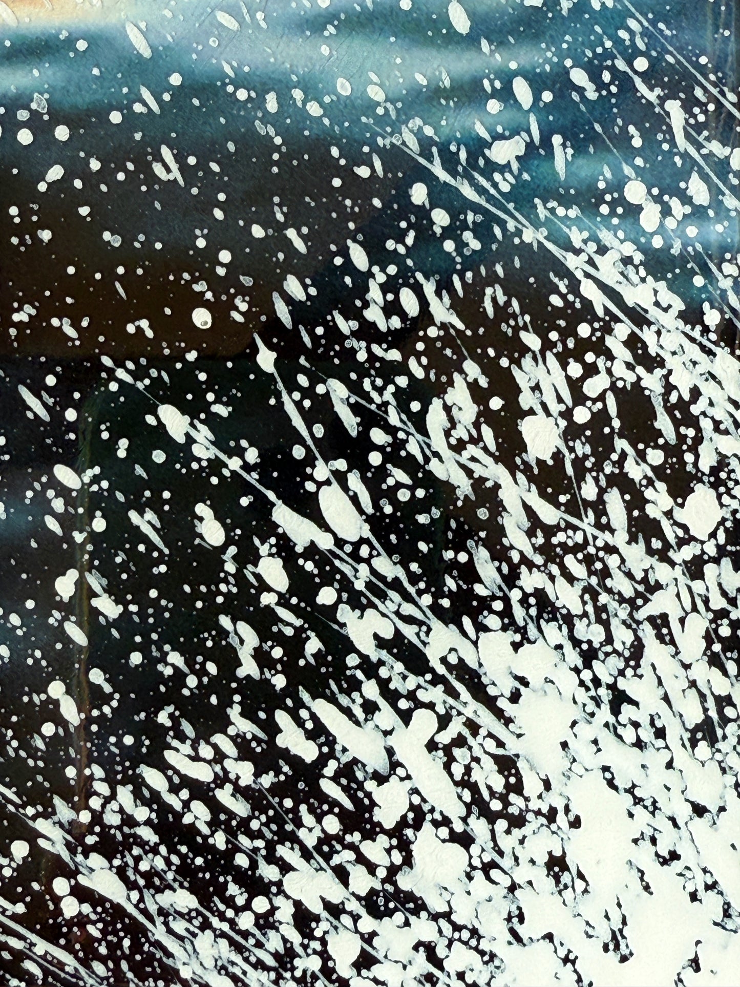 CLOSE UP: Limited edition mixed media artwork titled 'Splash' by Christen Oatley, featuring a Muskoka lake sunset with textured water splashes, photography layered with gesso and resin on Canadian birchwood panel, 8x10 inches, handcrafted and signed.