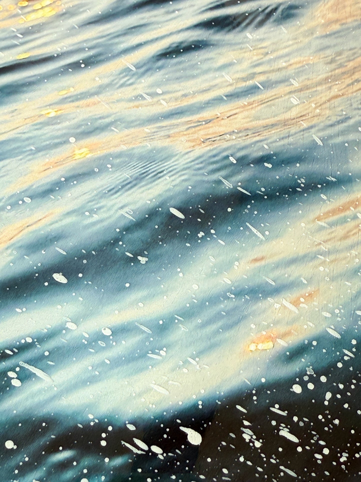 CLOSE UP: Limited edition mixed media artwork titled 'Splash' by Christen Oatley, featuring a Muskoka lake sunset with textured water splashes, photography layered with gesso and resin on Canadian birchwood panel, 8x10 inches, handcrafted and signed.