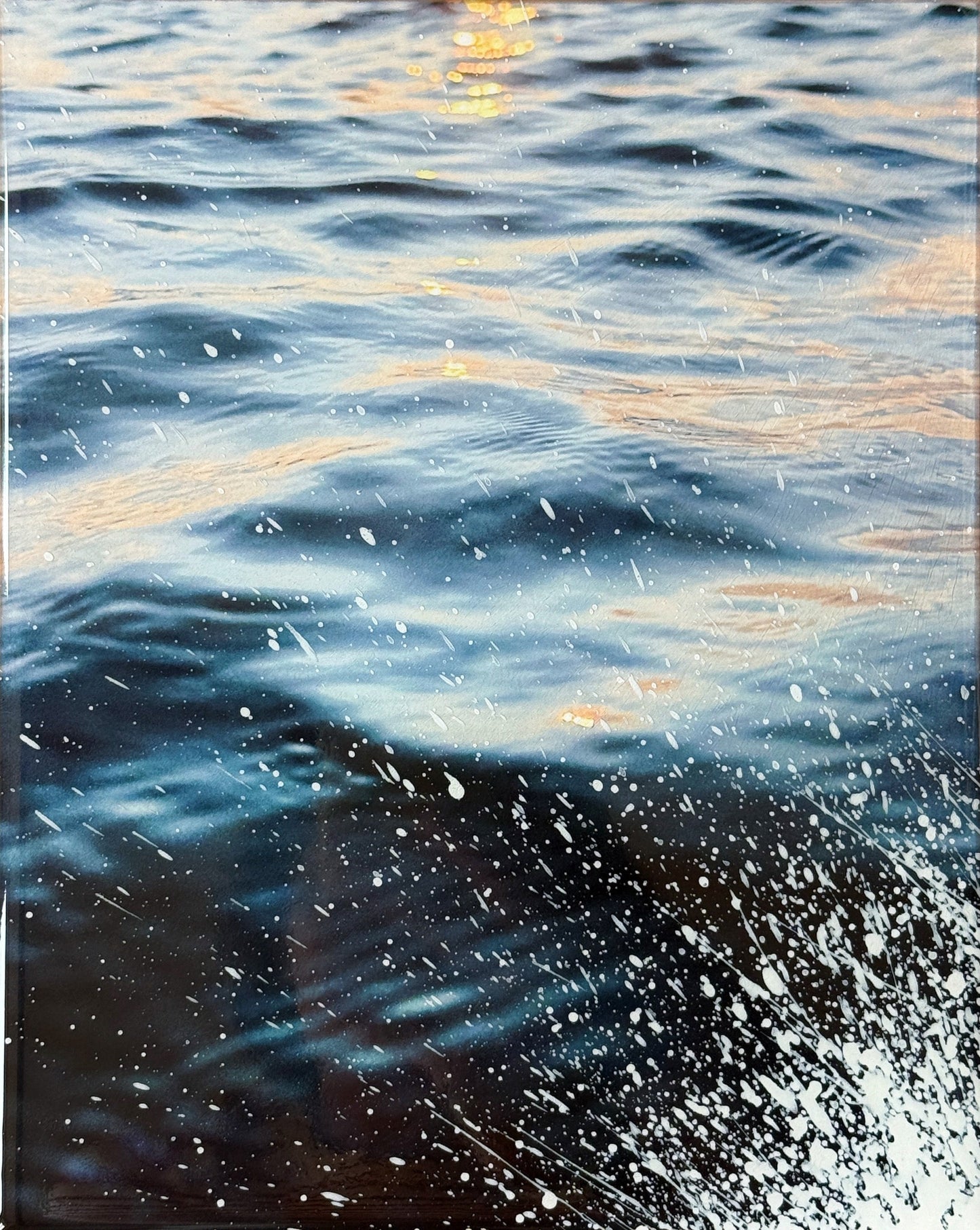 Limited edition mixed media artwork titled 'Splash' by Christen Oatley, featuring a Muskoka lake sunset with textured water splashes, photography layered with gesso and resin on Canadian birchwood panel, 8x10 inches, handcrafted and signed.