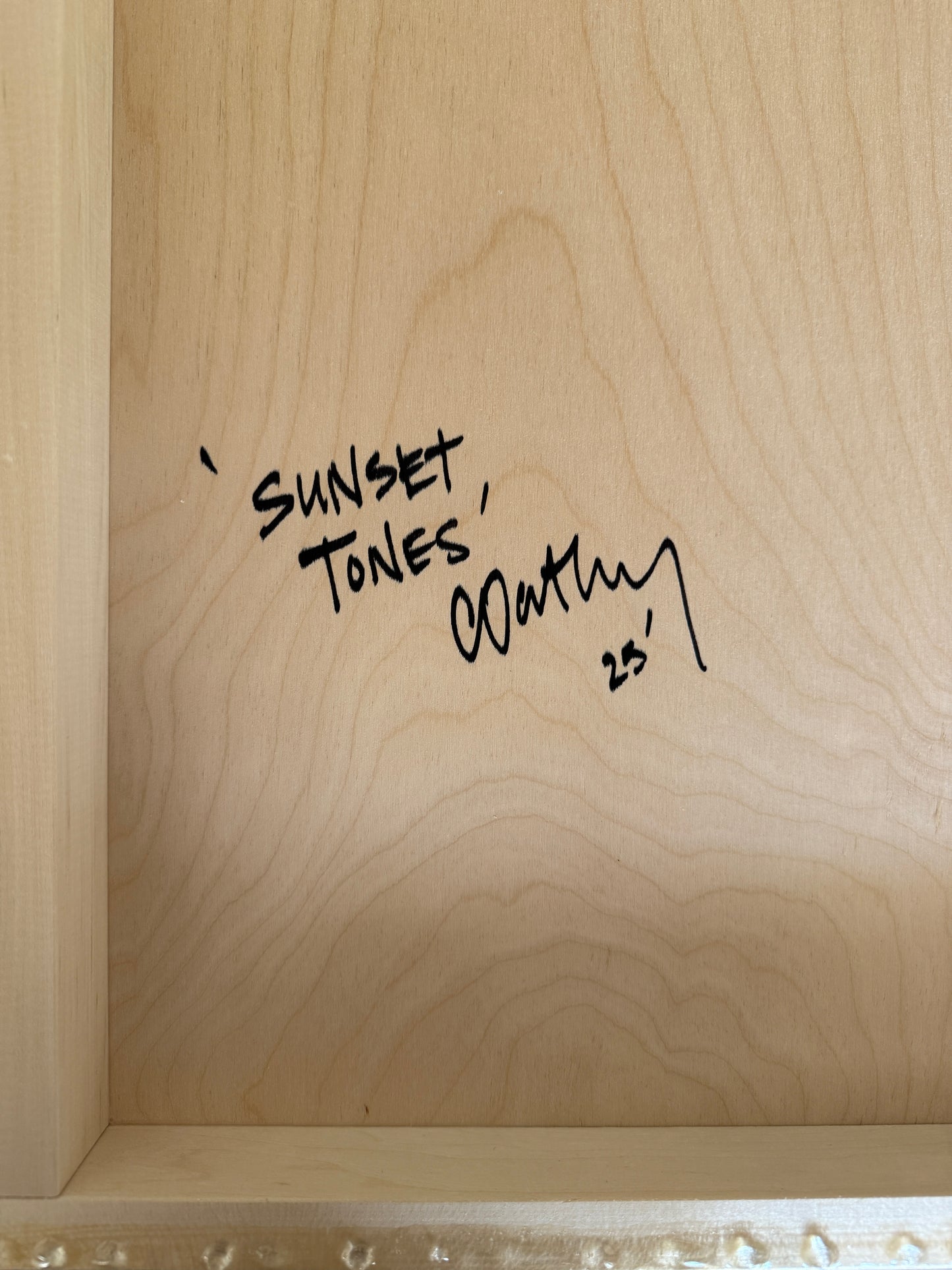 Back of 'Sunset Tones' original artwork by Christen Oatley, signed and dated 2023 on natural Canadian birchwood panel, verifying the one-of-a-kind mixed media piece.
