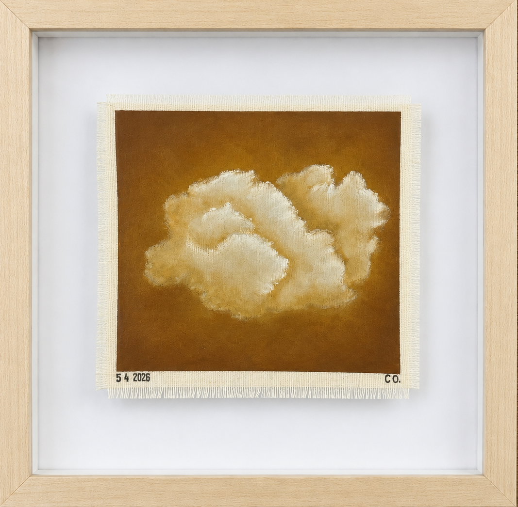 Framed artwork of a cloud on a brown background