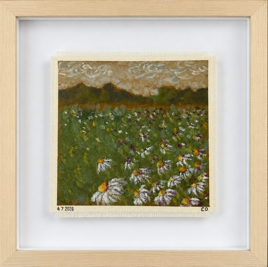 Framed painting of a field with flowers and clouds